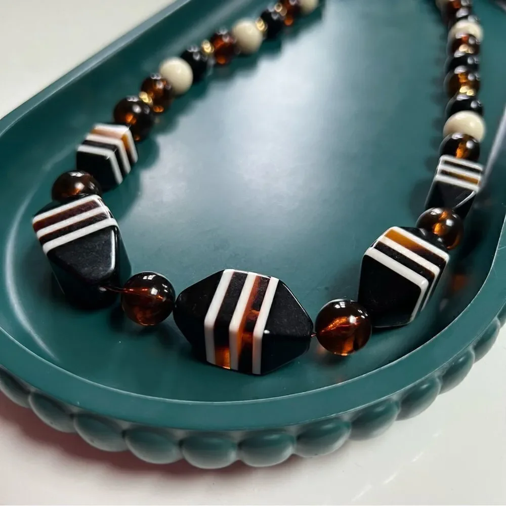 Gorgeous Neutral Tone Vintage 1970s 3D Geometric Block Beads Statement Necklace